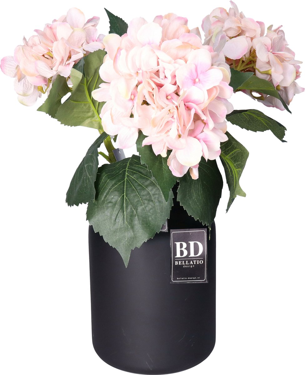 Bellatio Design Kunstbloem Hortensia tak - 2x - roze - 48 cm - losse steel - Kunst zijdebloemen - hydrangea