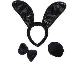 Bunny verkleed setje - zwart - 3-delig - dames - konijnen accessoires - bunnysetje- konijnen oortjes/staart en strikje