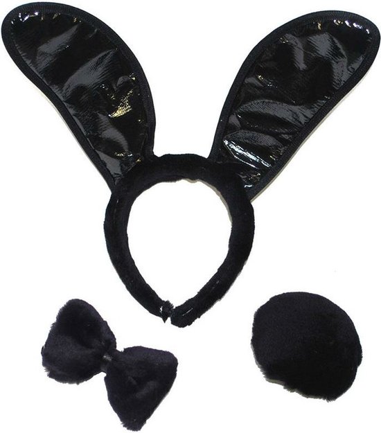 Bunny verkleed setje - zwart - 3-delig - dames - konijnen accessoires - bunnysetje- konijnen oortjes/staart en strikje