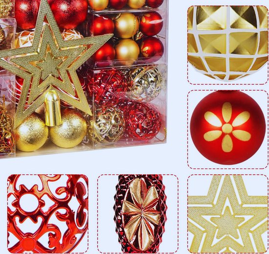 102 pièces Boules de Noël incassables en rouge et or (3-6 Cm) – Décoration parfaite pour le sapin de Noël et cadeau