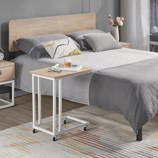 H JINHUI C-vormige bijzettafel, mobiele bank/woonkamer kleine bijzettafel, met afsluitbare wielen, mobiele snacktafel voor koffie, laptop, tablet, die eronder schuift voor kleine ruimtes (wit