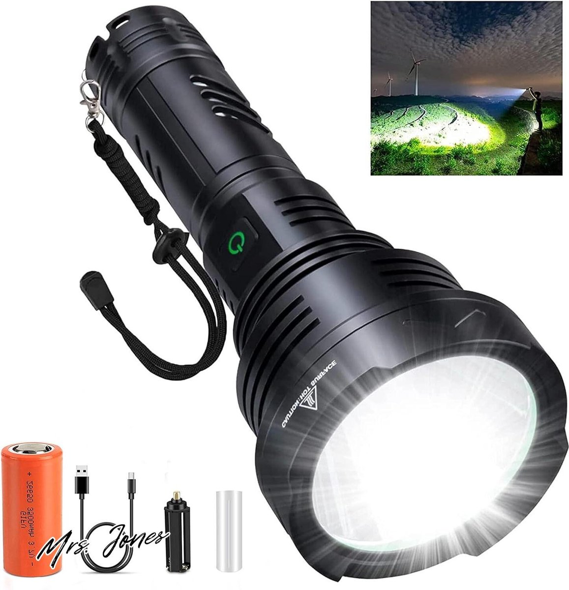 Mrs. Jones Extreem heldere XHP90 Led-zaklamp 10.0000 lumen, IP67 waterdicht, 5 lichtmodi oplaadbaar USB-C voor camping uitrusting militair outdoor .
