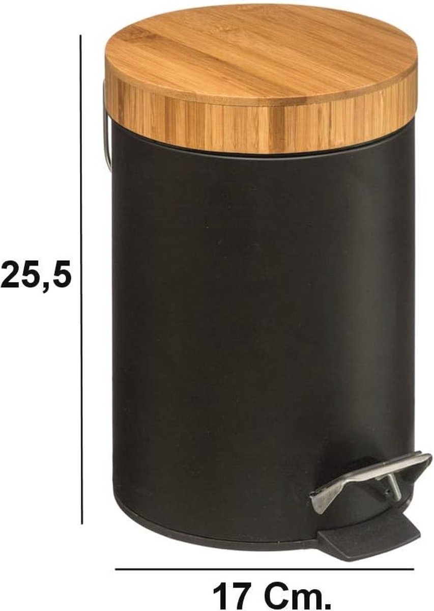 Goedkoopste Pedaalemmer 3L met Bamboe Deksel - Compacte Afvalemmer voor Keuken en Badkamer - Mat Zwart