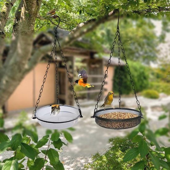Vogelbad Hangend, Drinkschaal, Voederschaal Met 2 Vogels Gietijzer Incl Ketting En Ophanghaak