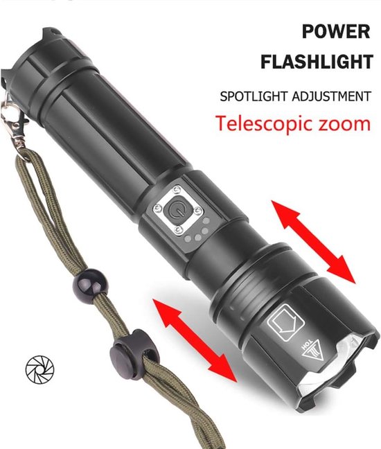 20.000 Lumen Oplaadbare Tactische Zaklamp - Waterdicht, Zoombaar en Met Vermogensweergave — afbeelding 4