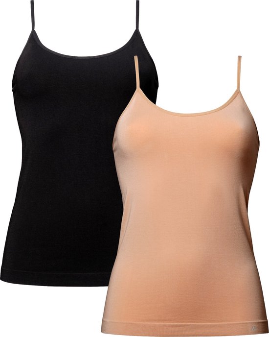 DANISH ENDURANCE Gilets sans couture en viscose de Bamboe - Bracelets spaghetti - pour femme - Zwart et Beige - Pack de 2 - Taille XS/ S