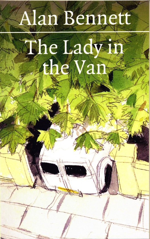 Boek 'The Lady in the Van' van Alan Bennett met op de cover een witte bus verborgen achter groene bladeren.