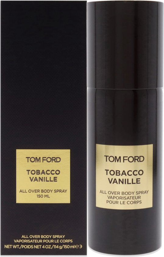 Zwarte doos en spuitbus met gouden etiket: TOM FORD TOBACCO VANILLE ALL OVER BODY SPRAY 150 ML.
