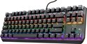 Zwart tenkeyless toetsenbord met RGB-verlichting op de toetsen en een metalen bovenplaat.