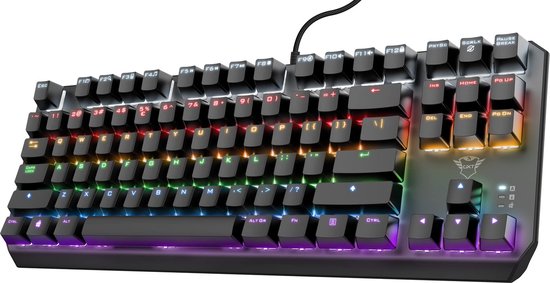 Zwart tenkeyless toetsenbord met RGB-verlichting op de toetsen en een metalen bovenplaat.
