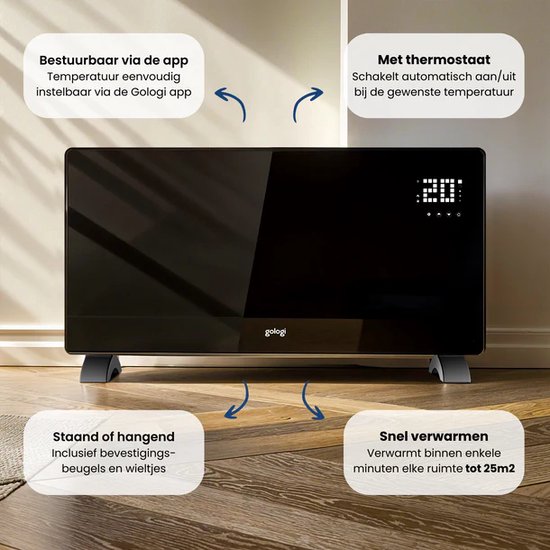 Gologi Elektrische Kachel - Verwarming elektrisch - Convectorkachel met thermostaat - Werkt via App en touch bediening - Tot 25m2 - 2000 watt - Zwart
