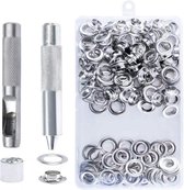 100 stuks - 1 set Oogjes - ogen - drukknopen met ogen - grommetool kit - met 3 stuks gereedschap - 10 mm - koper - zilver - voor waterdichte zeilen, gordijnen, luifels, schoenen en tassen