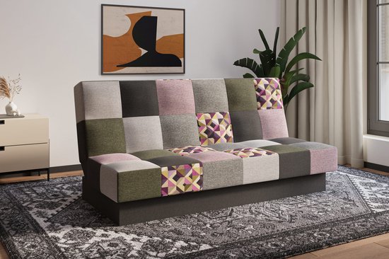 Canapé-lit, canapé avec fonction couchage et espace de rangement, canapé moderne, 3 places, Canapé-lit - Patchwork Chypre - Rose + Olive - Bragi 28/34/77/91/16 + M102