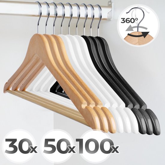 Amber Home 44,5 cm natuurlijke houten kleerhangers 30 stuks, ruimtebesparende houten kleerhanger met antislip broekstang en schouderinkepingen, kostuumhangers voor jas, jurk, blouse, shirt, broek