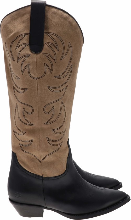 Zwarte laarzen met beige schacht, sierlijke stiksels en puntige neus, zij-aanzicht.