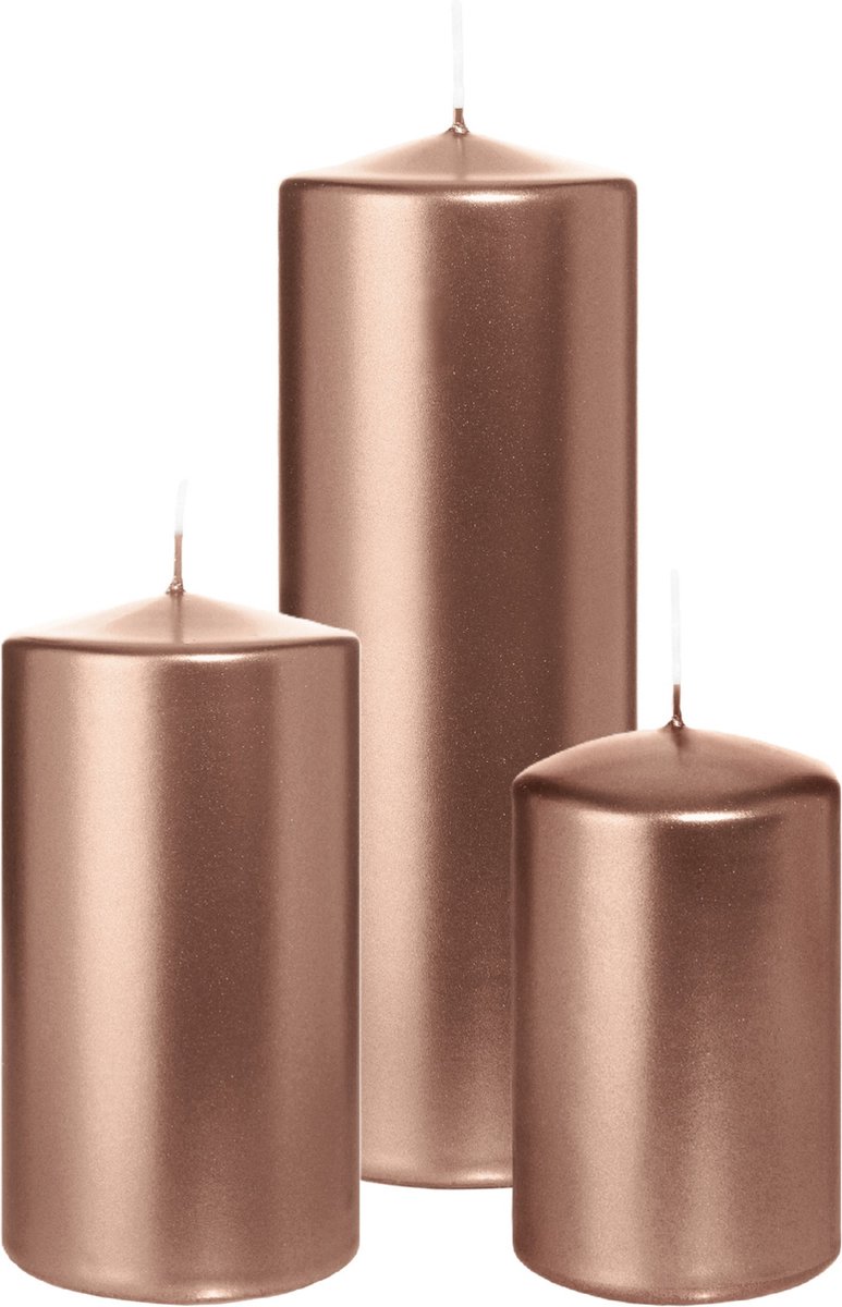 Wiedemann Cilinderkaarsen/stompkaarsen - set van 3 - metallic roségoud - 6x8/7x13/7x20 cm Rose goud