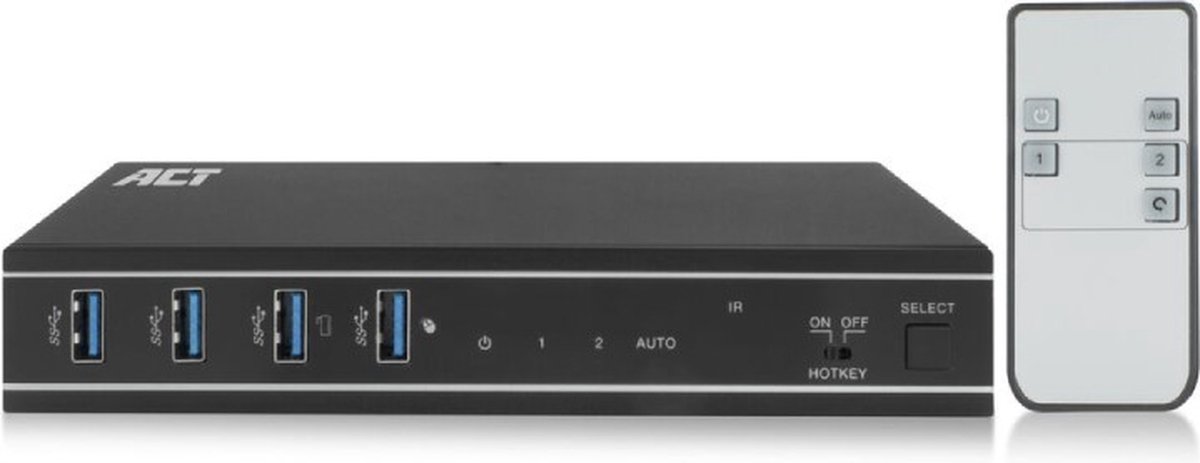 ACT AC7912 2-Poorts HDMI 4K@60Hz KVM Switch | USB 3.2 Gen1 (USB 3.0) | 1x HDMI out | 2x HDMI in | 2x USB-B in | 4x USB-A | 3,5mm Audio Out | RS-232 | IR | Schroefbare Stroomaansluiting | Zwart