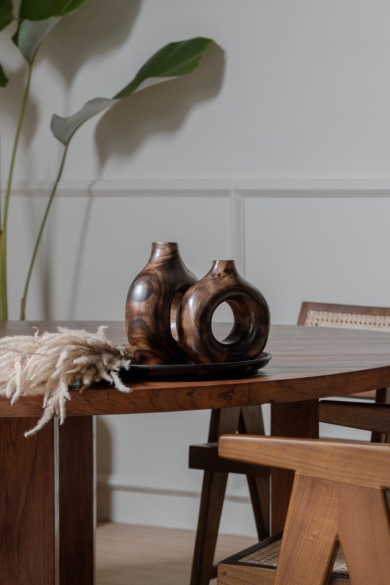 Houten vaas - ronde vazen - teakhouten design vaas rond - traditioneel handgemaakt - premium kwaliteit - set van 2