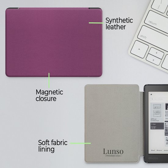 Lunso Geschikt voor Kobo Aura H20 Edition 2 hoes (6.8 inch) - sleepcover - Paars - (niet voor de Kobo Aura edition 2) van Lunso — afbeelding 4