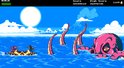 Een ninja staat op een boot in een blauwe zee met een gigantische roze octopus en tentakels. Op de achtergrond een vulkaan.
