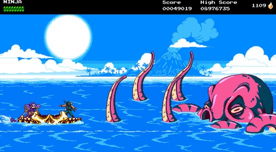 Een ninja staat op een boot in een blauwe zee met een gigantische roze octopus en tentakels. Op de achtergrond een vulkaan.