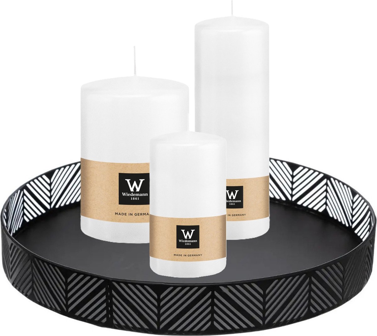 Wiedemann Cilinderkaarsen - stompkaarsen set - op zwart dienblad van metaal - 3x stuks - wit - 6 x 12 - 10x15 - 7x20 cm