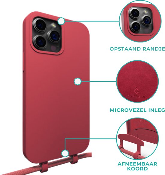 Coverzs Coque en silicone avec cordon - Coque pour téléphone avec cordon - Coque arrière avec cordon - cordon - convient pour Apple iPhone 14 Pro Max - rouge