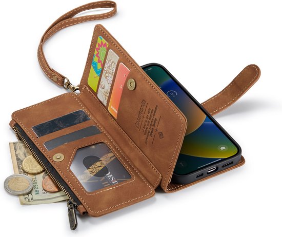 Bruin portemonnee hoesje voor iPhone met ritsvak, kaarthouders en geldvak met munten. Met polsband.