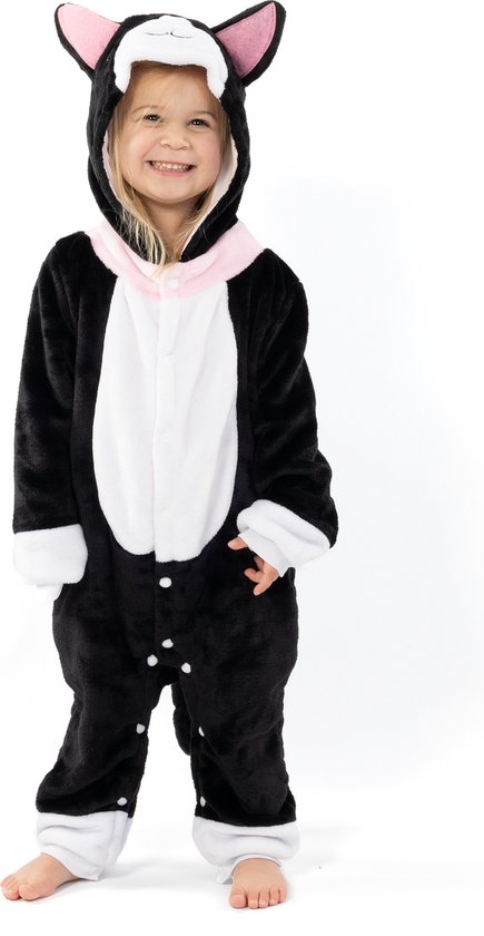 KIMU Onesie Zwarte Kat Pak - Maat 152-158 - Poezenpak Kostuum Zwart - Dierenpak Kinder Pyjama Huispak Jumpsuit Jongen Meisje Kinderen Sinterklaas Kado