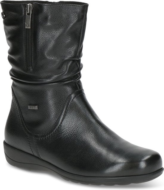 Zwarte leren Caprice laars met gerimpelde schacht, ritssluiting aan de zijkant en een TEX-logo.