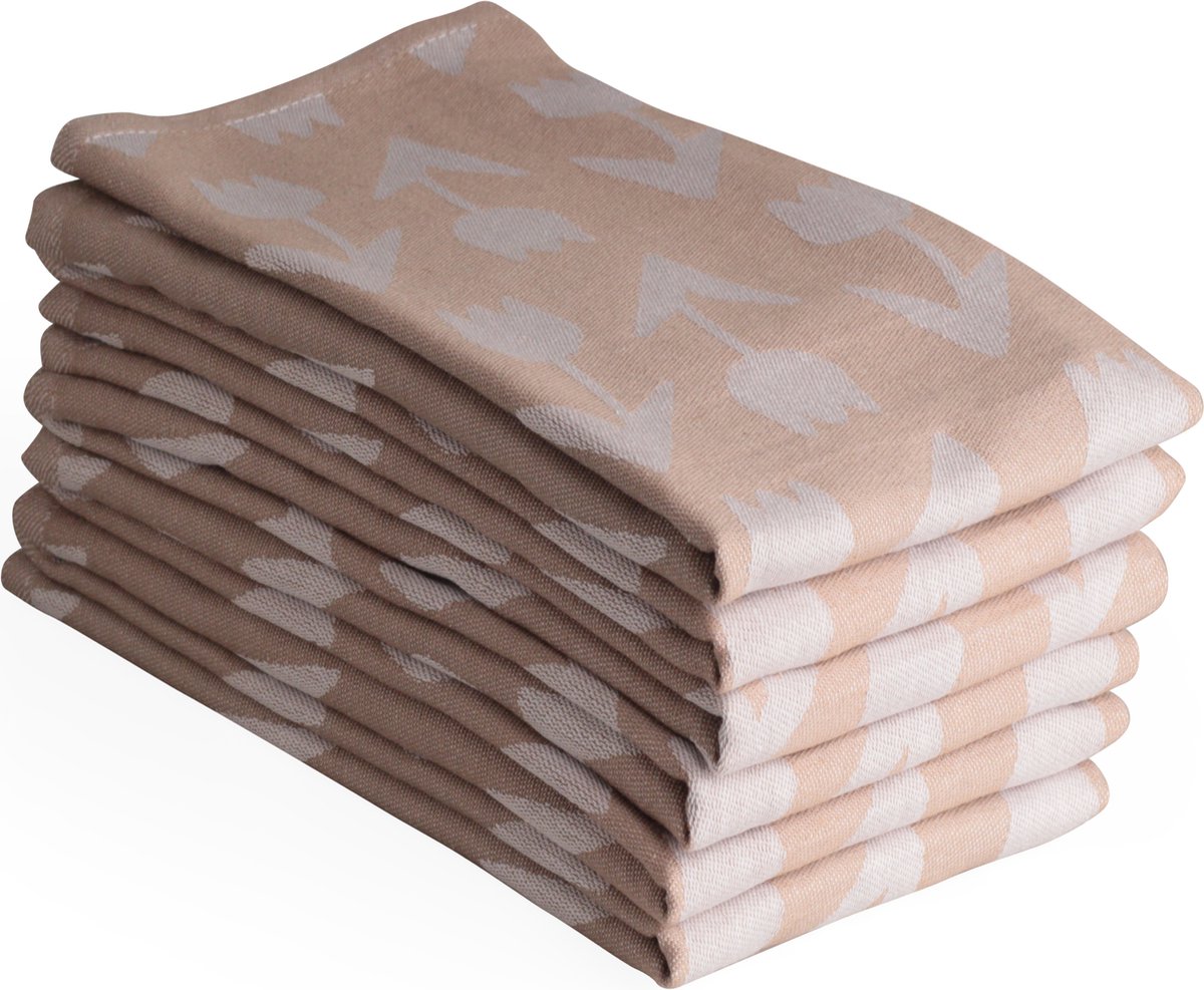 Luxe theedoeken - 6 stuks - 60x65 - patroon tulp - zand