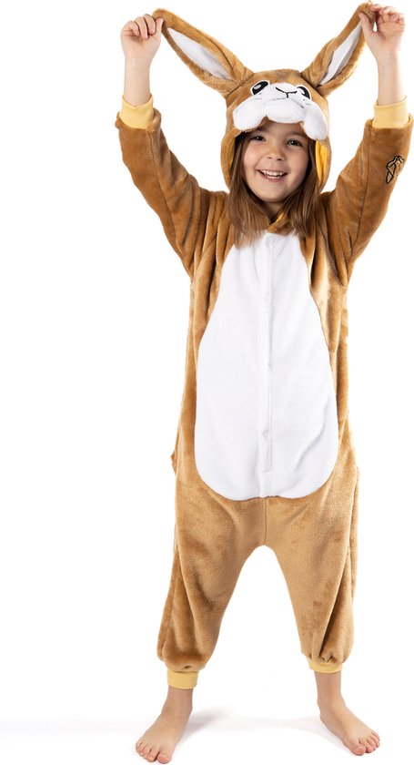 KIMU Onesie Bruin Konijn Pak - Maat 128-134 - Konijnenpak Kostuum Haas Paashaas - Kinder Huispak Dierenpak Pyjama Jumpsuit Jongen Meisje Festival