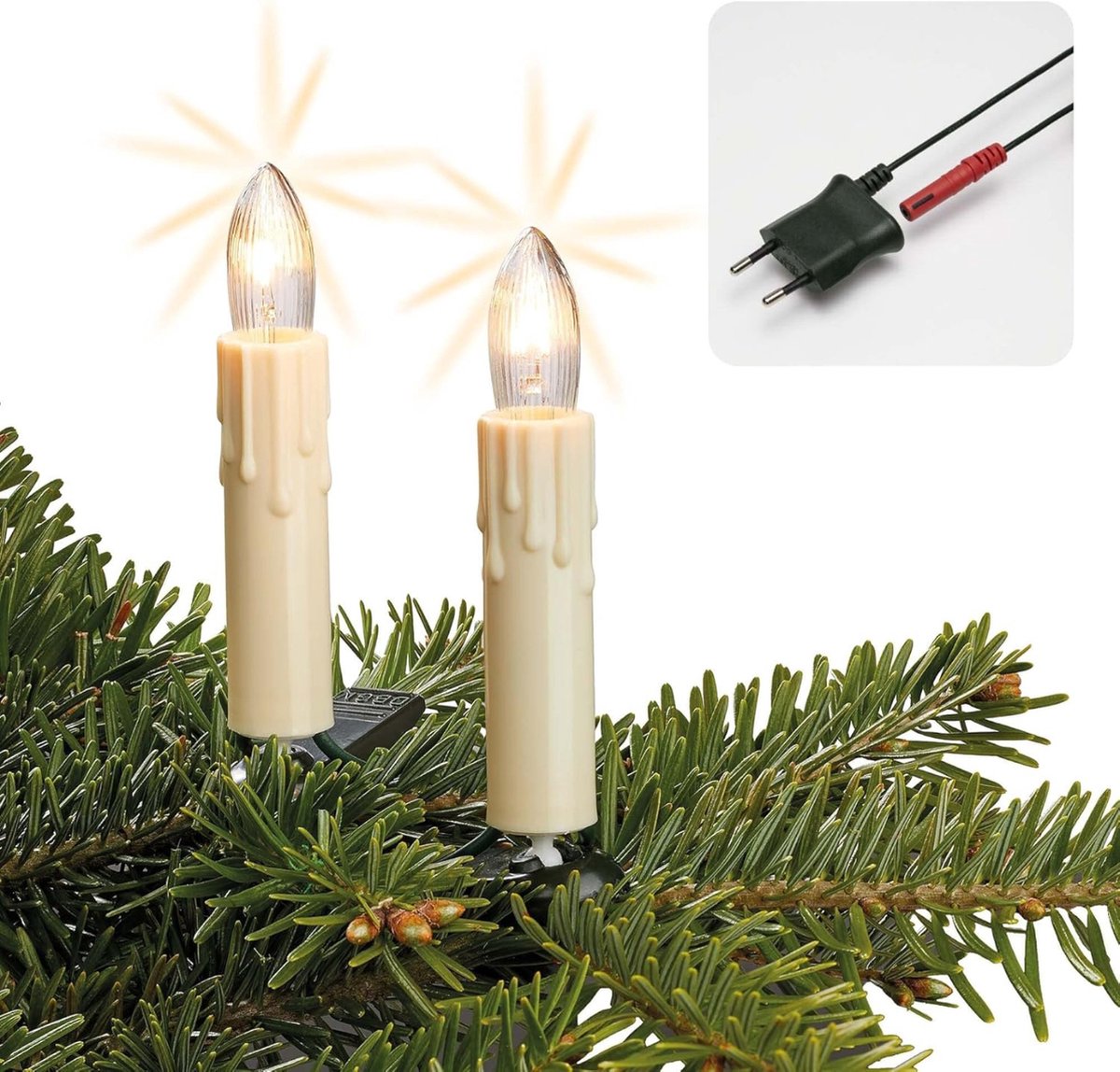 Kerstboom Lichtketting Met 15 Boomkaarsen En 3 Reservekaarsen - 9.8m - Made In Germany – Binnenverlichting Met Stekker En Gloeidraad - Deelbaar - 430134
