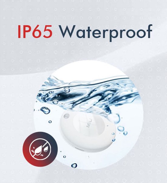 Witte tracker in water, tekst 'IP65 Waterproof'.