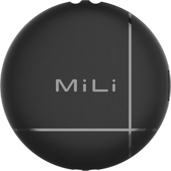 Zwarte MiLi LiTag tracker met ribbelpatroon en "MiLi" logo.