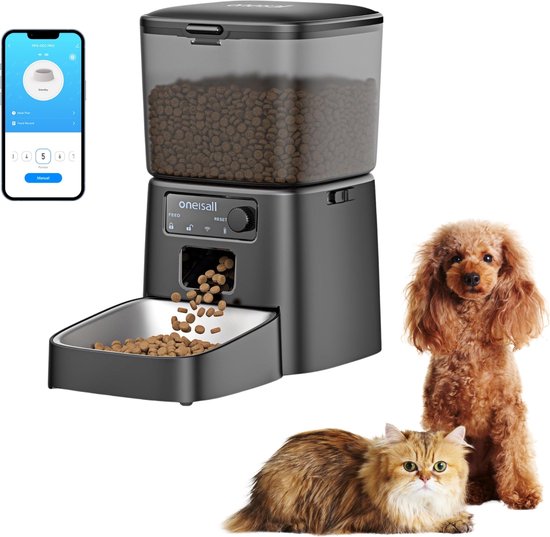 Oneisall Voerbak Kat PFD-001 Pro CW15010 - Met WiFi-verbinding - Automatische Voerbak - Draadloos - Zwart - Voerautomaat dispenser - Kat en hond - Droogvoer - Nauwkeurige Portiecontrole - 3,5L Reservoir - Met App