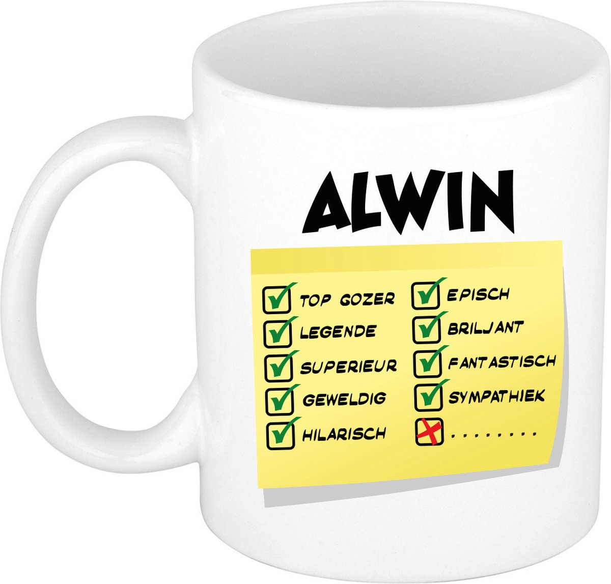 Bellatio Decorations Naam mok Alwin - wit - top gozer - keramiek - 300 ml - cadeau collega beker