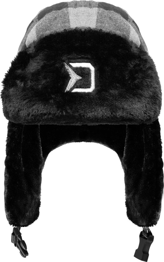Grijze en zwarte geruite muts met faux fur kraag, met logo en aan de zijkant gespen.