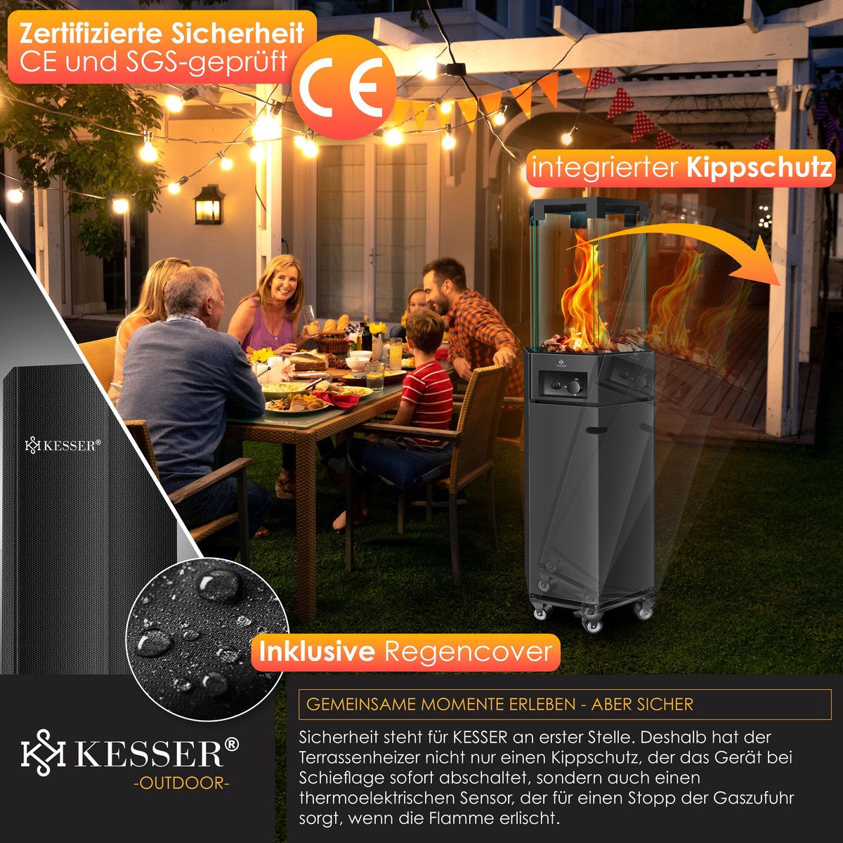 KESSER Terrasverwarmer Gas Staand - Paddenstoel Terrasheater RVS met Wielen en Beschermhoes, Buitenverwarming voor Terras en Tuin - Zwart – foto 2