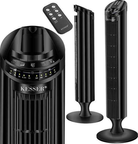 Torenventilator Kesser met Afstandsbediening, 3 Snelheden, Timer, 90° Oscillatie, LED Display, Zwart
