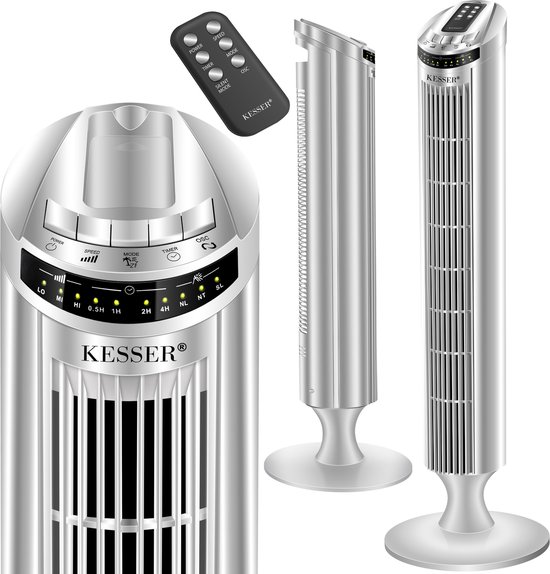 KESSER Torenventilator 90 cm met Afstandsbediening, 3 Snelheden, Timer, Oscillatie, Stil, Zilver