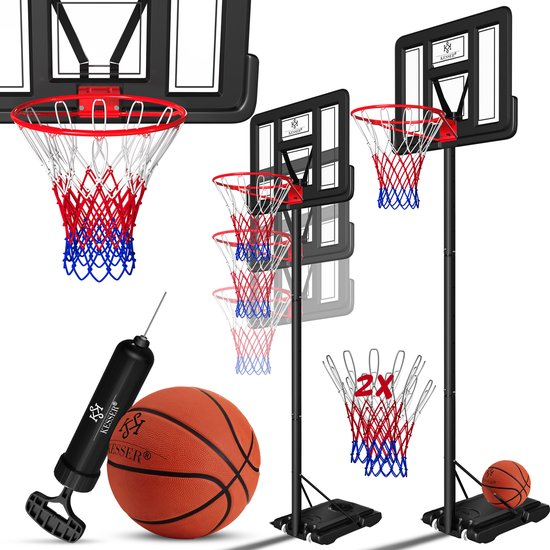 KESSER® Kit de basket-ball - Anneau de basket avec support de basket réglable en hauteur 230 cm-305 cm avec Basketbal + pompe - Poteau de basket pour extérieur et intérieur - Zwart