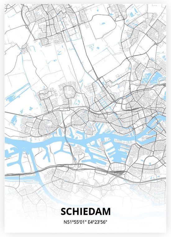 Schiedam plattegrond - A3 poster - Zwart blauwe stijl