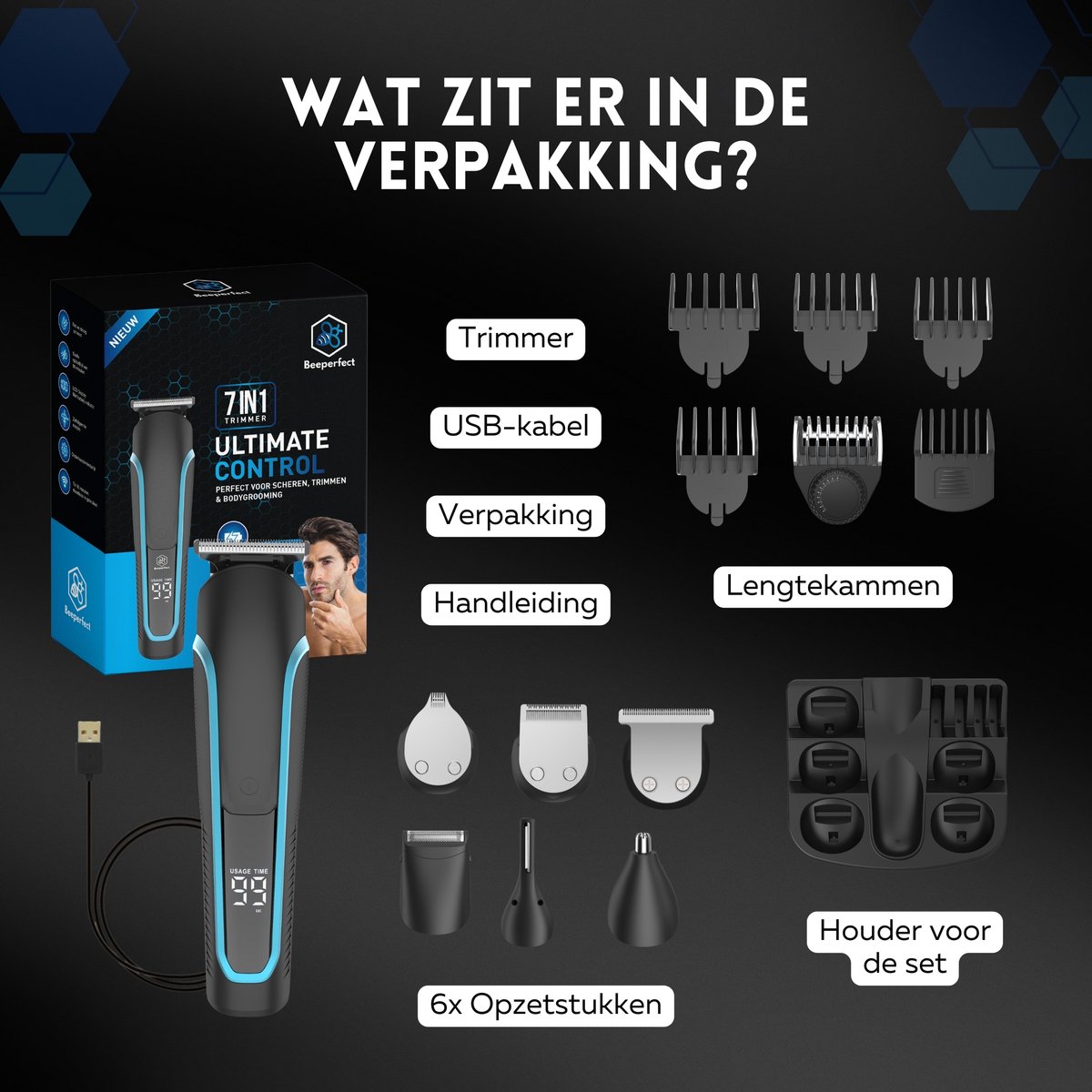 6-in-1 Baardtrimmer Mannen - Beeperfect® - Trimmer Baard en Lichaam - Bodygroomer - Neus en Oortrimmer - Waterdicht - Incl. 6 Opzetstukken thumbnail 7