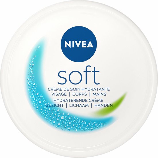 Nivea Soft crème pot met blauwe en groene accenten en waterdruppels. Inhoud: gezicht, lichaam, handen.