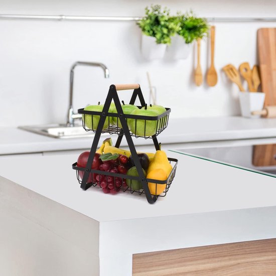 2-Laagse Fruit Tagère met Houten Houder - Fruitmand - Broodmand