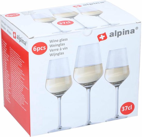 Boîte de six verres à vin Alpina pour vin blanc, avec une image de trois verres remplis.