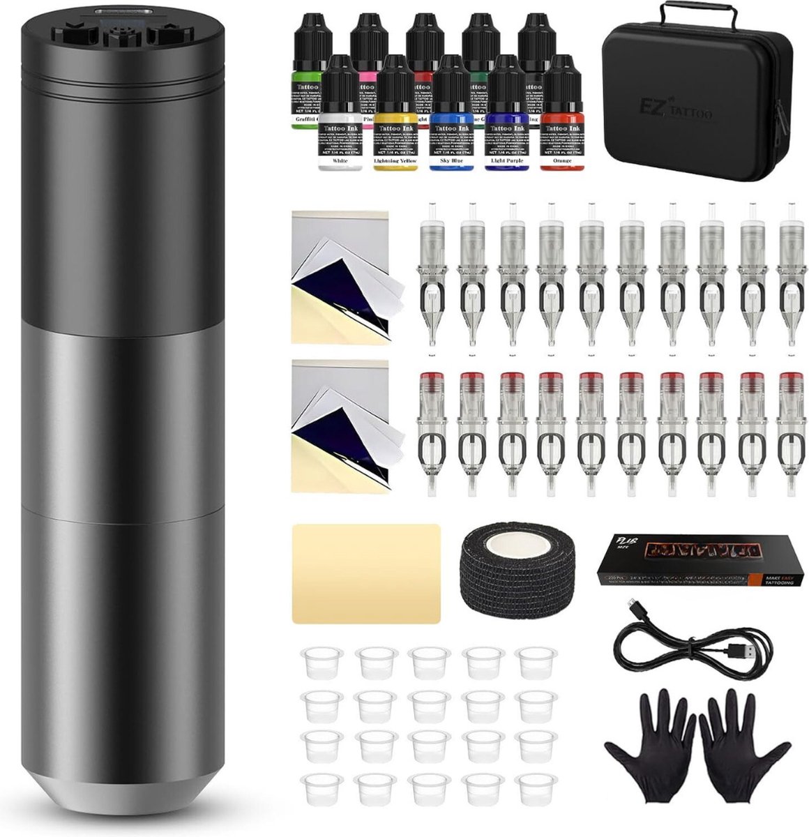 DD Tattoo Machine - Complete Set - Tattoo Pen - 20 Stuks Cartridge 10 Inkten - 24x18x11cm - Grijs