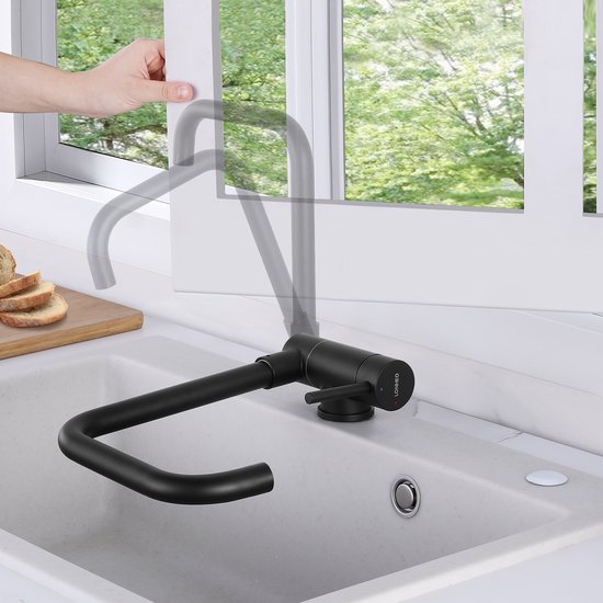 Lonheo max Keukenkraan Zwart - Keukenkraan Opvouwbaar - Voorraam Hoge Druk Keukenkraan 180° Opvouwbaar - 360° Draaibare Keukenkraan - Warm en Koud Beschikbaar
