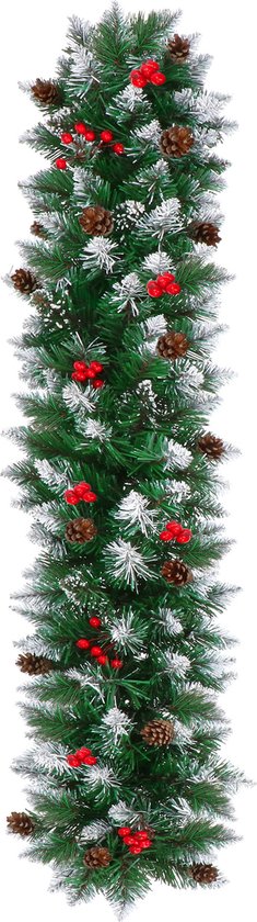Een rechte groene kerstslinger met dennenappels, rode besjes en witte sneeuw.
